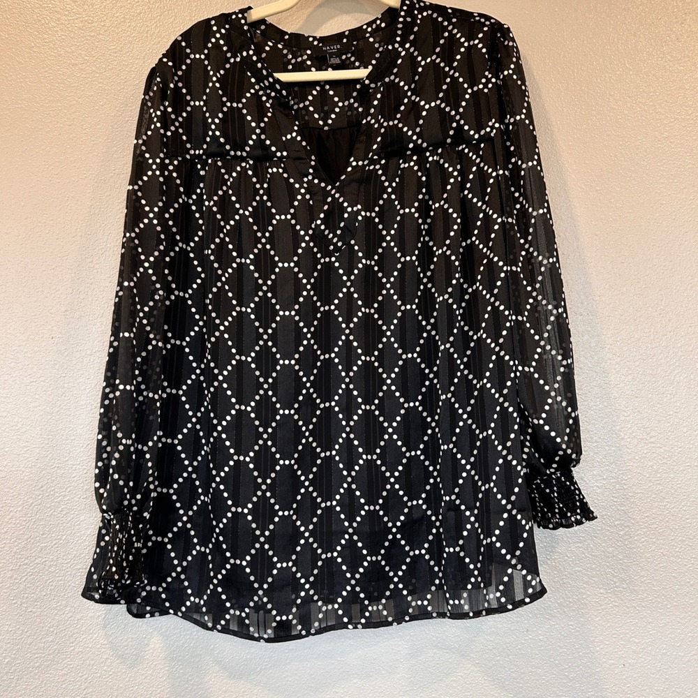 Haver London Black White Polka Dot V-Neck Blouse Smocked Cuff 1X Metallic Detail